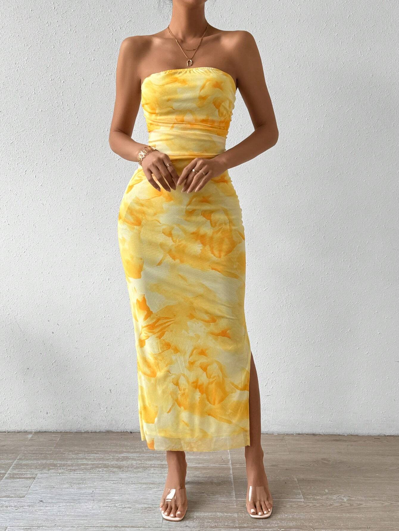 Summer Dresses For Women Strapless Slim Bodycon Dress Side Slit Tube Top Dress Ink Painting Formal Dresses