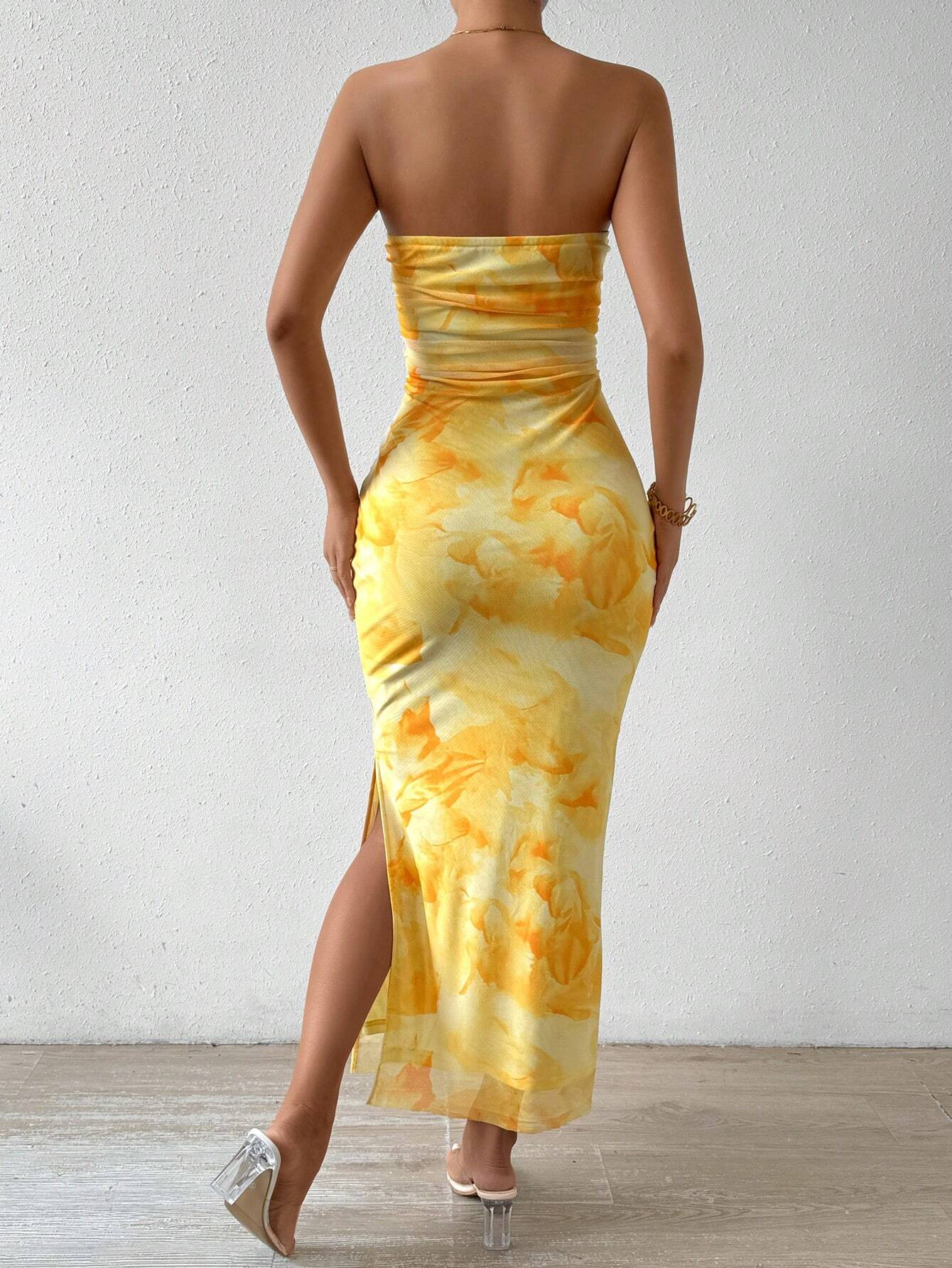 Summer Dresses For Women Strapless Slim Bodycon Dress Side Slit Tube Top Dress Ink Painting Formal Dresses