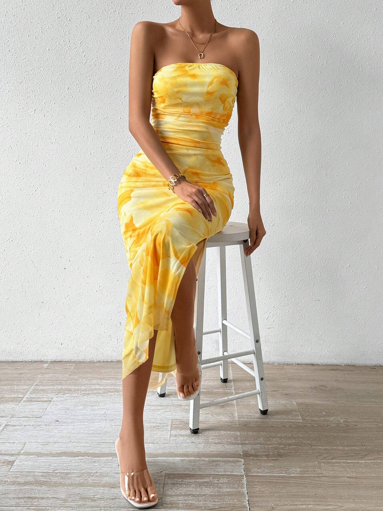 Summer Dresses For Women Strapless Slim Bodycon Dress Side Slit Tube Top Dress Ink Painting Formal Dresses
