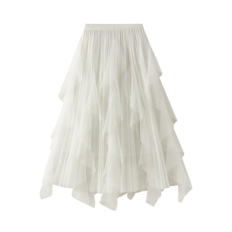 Elegant A-Line Skirts For Women Midi Length Fairy Style Multi-Layer Mesh Tutu High-Waisted Elastic Half-Body Skirt