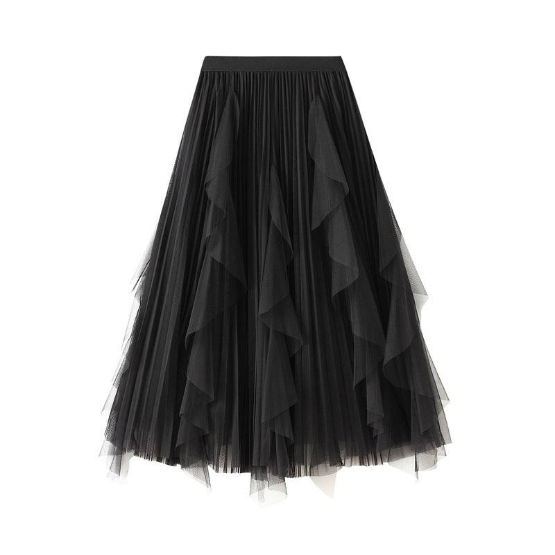Elegant A-Line Skirts For Women Midi Length Fairy Style Multi-Layer Mesh Tutu High-Waisted Elastic Half-Body Skirt