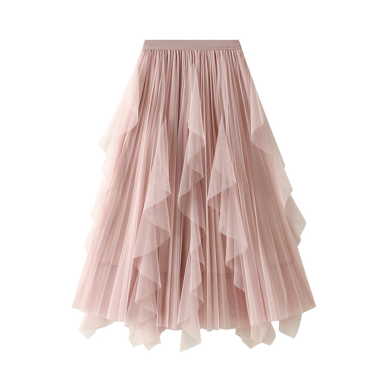 Elegant A-Line Skirts For Women Midi Length Fairy Style Multi-Layer Mesh Tutu High-Waisted Elastic Half-Body Skirt