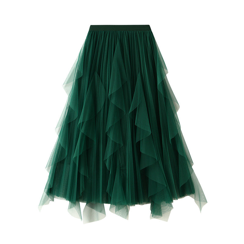 Elegant A-Line Skirts For Women Midi Length Fairy Style Multi-Layer Mesh Tutu High-Waisted Elastic Half-Body Skirt