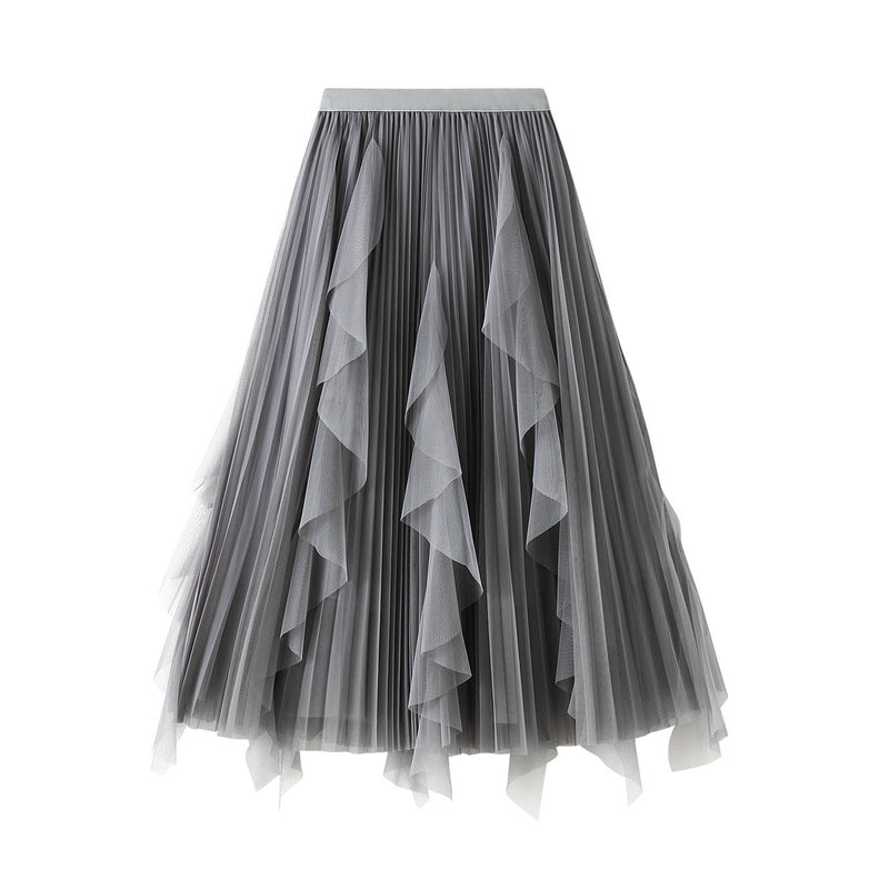 Elegant A-Line Skirts For Women Midi Length Fairy Style Multi-Layer Mesh Tutu High-Waisted Elastic Half-Body Skirt