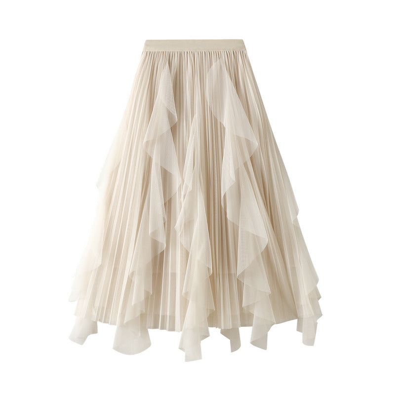 Elegant A-Line Skirts For Women Midi Length Fairy Style Multi-Layer Mesh Tutu High-Waisted Elastic Half-Body Skirt