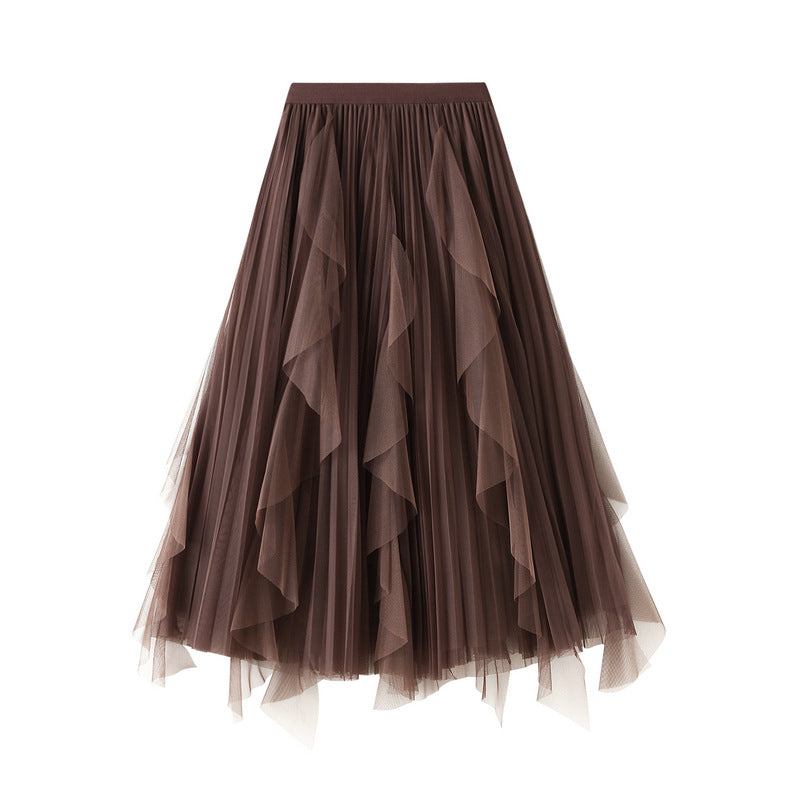 Elegant A-Line Skirts For Women Midi Length Fairy Style Multi-Layer Mesh Tutu High-Waisted Elastic Half-Body Skirt