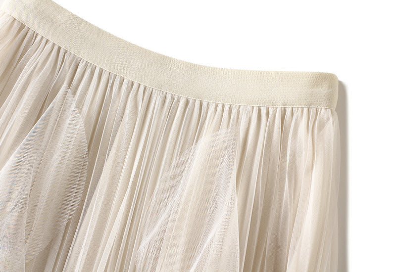 Elegant A-Line Skirts For Women Midi Length Fairy Style Multi-Layer Mesh Tutu High-Waisted Elastic Half-Body Skirt