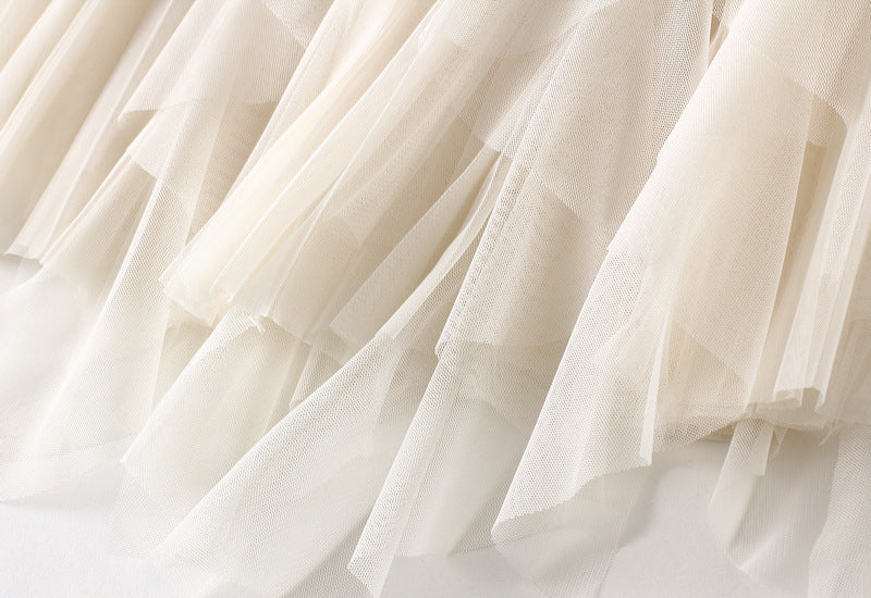 Elegant A-Line Skirts For Women Midi Length Fairy Style Multi-Layer Mesh Tutu High-Waisted Elastic Half-Body Skirt