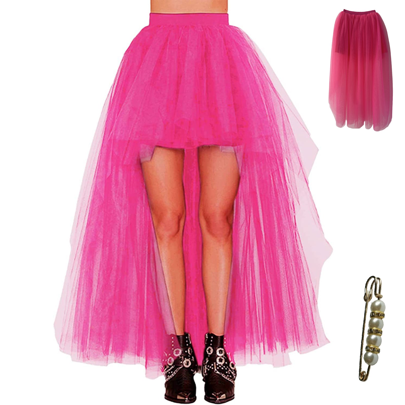 High Low Skirt Long Pink Tutu Tulle Bustle Skirts Elastic Waist Festival Party Gala Prom Skirt for Women