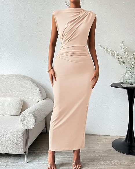Women Sleeveless Ruched Slit Bodycon Dresses Tea Party Dress Semi Formal Dresses for Women