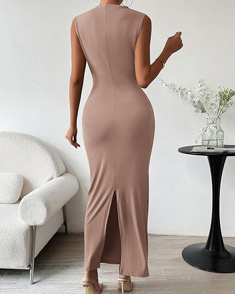 Women Sleeveless Ruched Slit Bodycon Dresses Tea Party Dress Semi Formal Dresses for Women
