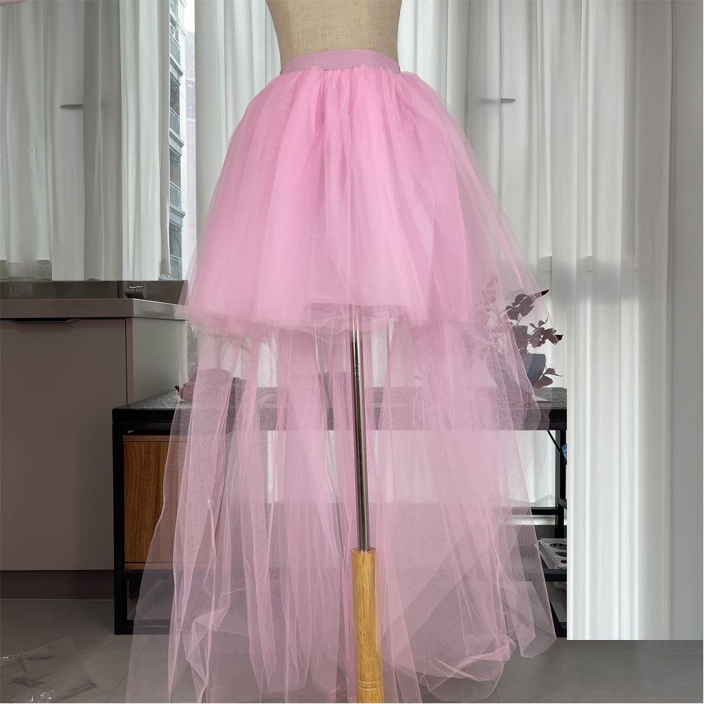 High Low Skirt Long Pink Tutu Tulle Bustle Skirts Elastic Waist Festival Party Gala Prom Skirt for Women