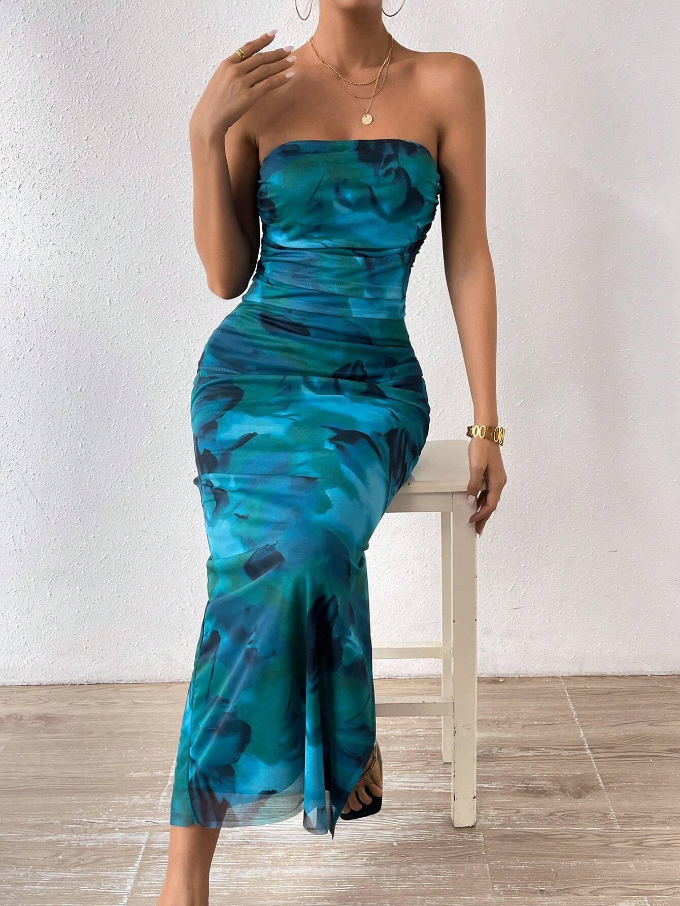 Summer Dresses For Women Strapless Slim Bodycon Dress Side Slit Tube Top Dress Ink Painting Formal Dresses