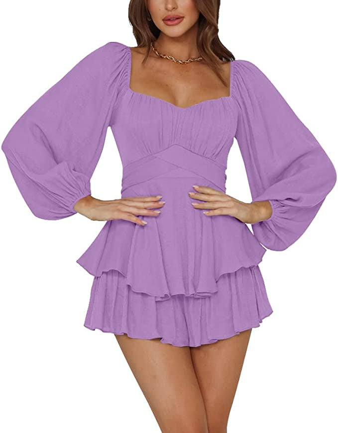 Solid Color Western Dress For Women Cute Ruffle Layered Tie Short Dress Lantern Sleeve Long Sleeve Dress
