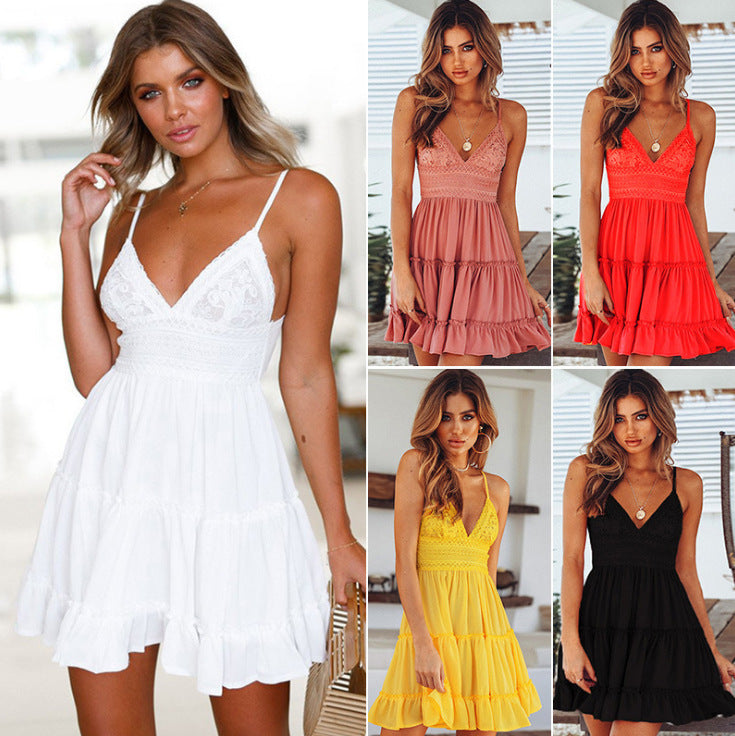 Sleeveless Sexy V-Neck Backless Dress Bow Tie Lace Swing Mini Short Flowy Dress Spaghetti Strap Dresses For Women