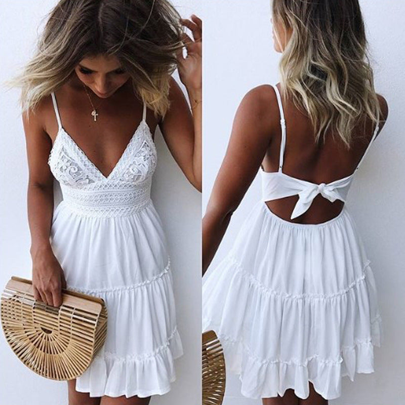 Sleeveless Sexy V-Neck Backless Dress Bow Tie Lace Swing Mini Short Flowy Dress Spaghetti Strap Dresses For Women