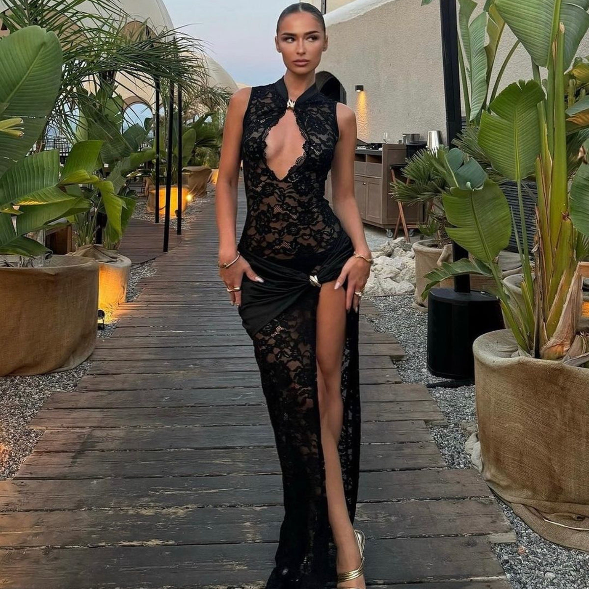 Women Sexy Sleeveless Mesh Sheer Floral Lace Dress Hollow Out See Through High Split Bodycon Party Midnight Dresses
