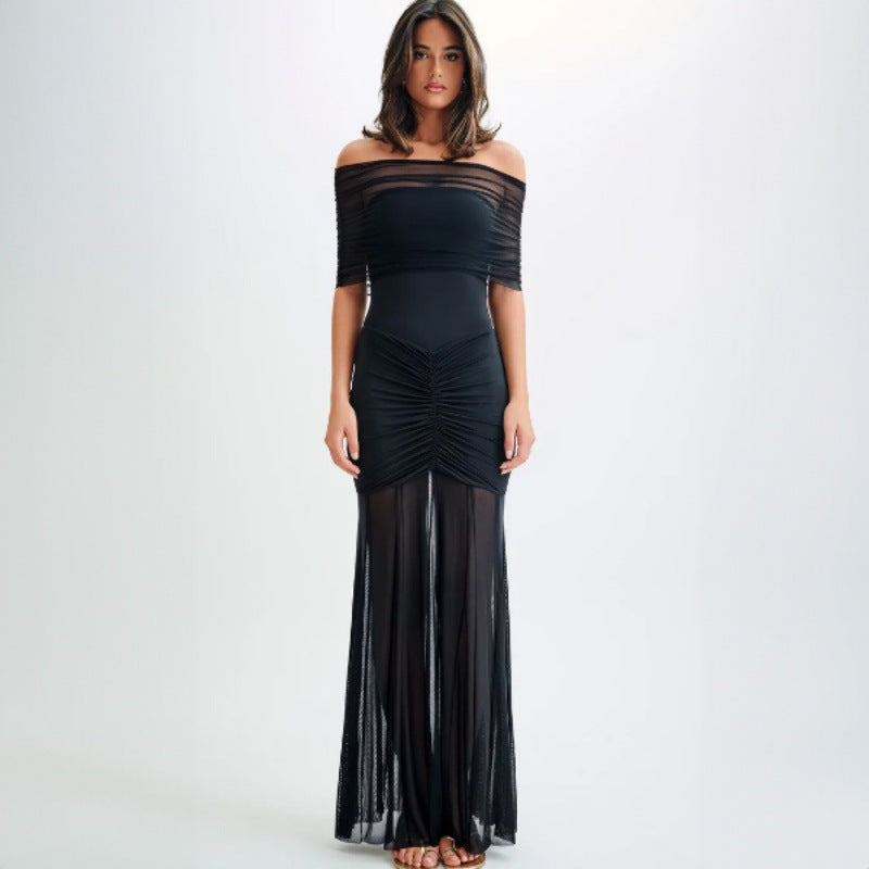 Womens One Shoulder Mermaid Mesh Maxi Dress Ruffled Slim Bodycon Dress Elegant Evening Party Dress for Spring Summer