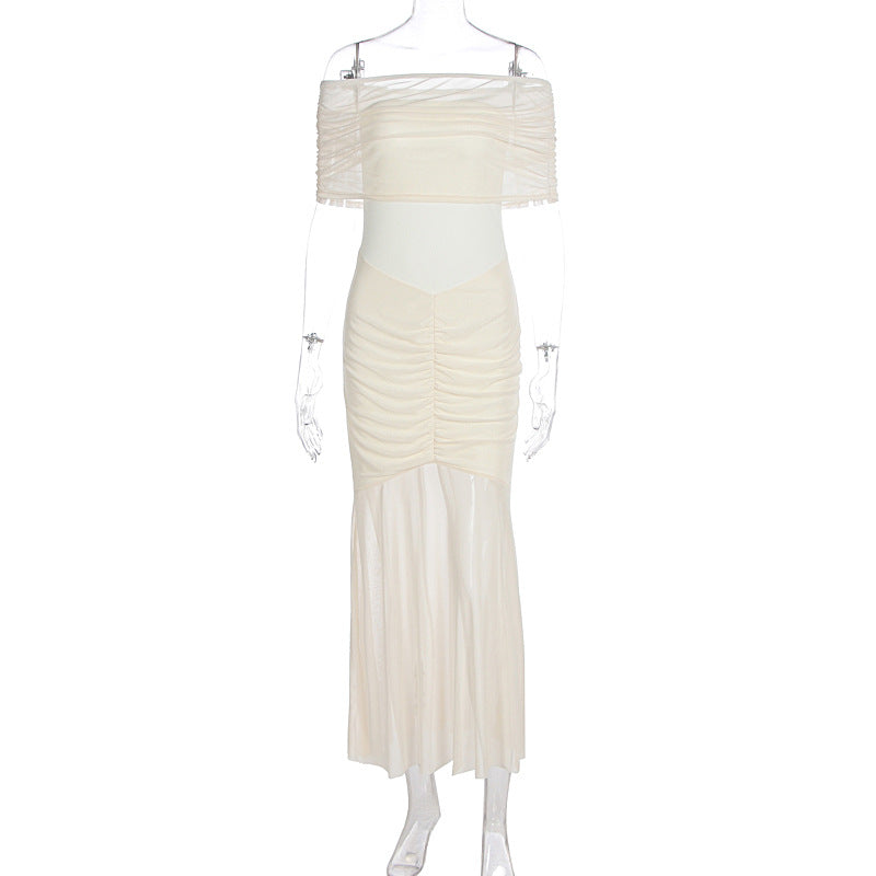 Womens One Shoulder Mermaid Mesh Maxi Dress Ruffled Slim Bodycon Dress Elegant Evening Party Dress for Spring Summer