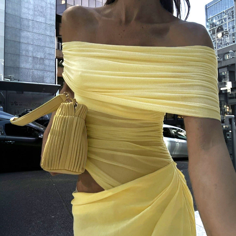 Asymmetrical Ruffles One Shoulder Sheer Mesh Maxi Dress with Sexy Elegant Evening Party and Beach Wedding Guest Dress