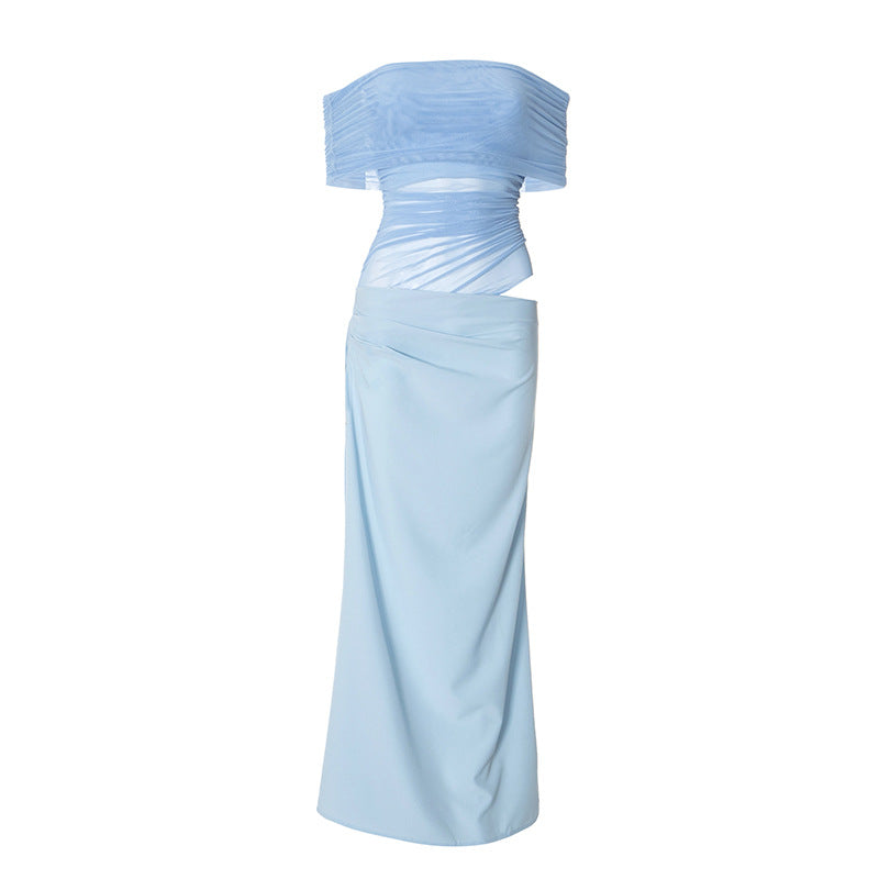 Asymmetrical Ruffles One Shoulder Sheer Mesh Maxi Dress with Sexy Elegant Evening Party and Beach Wedding Guest Dress