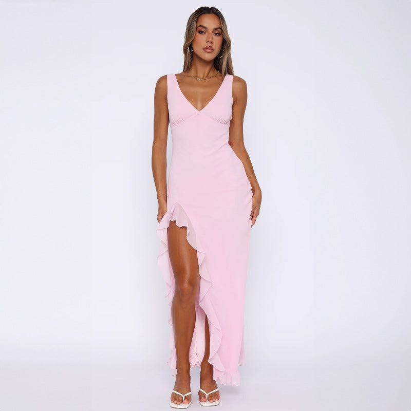 Fashion Women's Sexy Dress V-Neck Backless y2k Maxi Dress Side High Split Ruffle Dress Sleeveless Mesh Dress