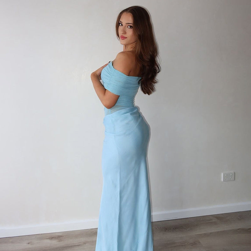 Asymmetrical Ruffles One Shoulder Sheer Mesh Maxi Dress with Sexy Elegant Evening Party and Beach Wedding Guest Dress