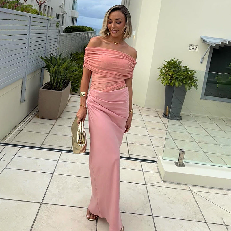 Asymmetrical Ruffles One Shoulder Sheer Mesh Maxi Dress with Sexy Elegant Evening Party and Beach Wedding Guest Dress