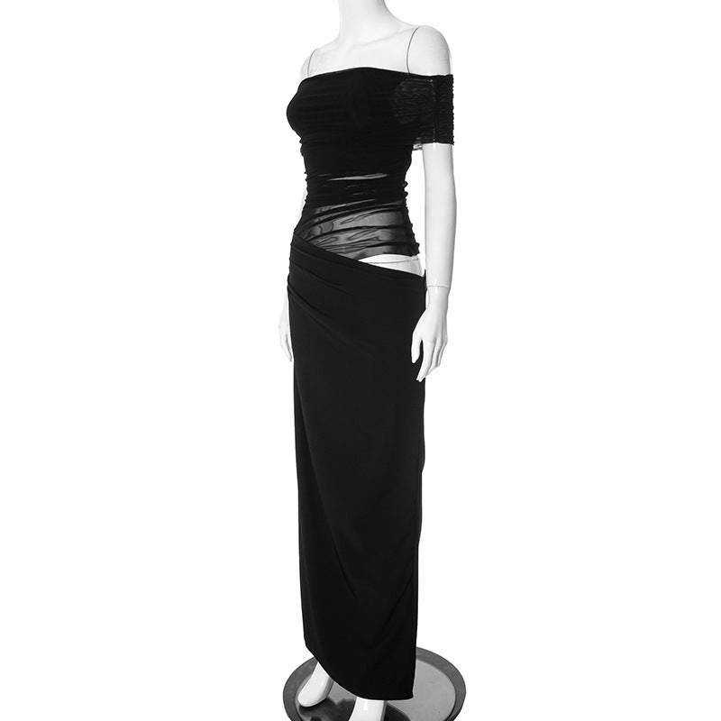 Asymmetrical Ruffles One Shoulder Sheer Mesh Maxi Dress with Sexy Elegant Evening Party and Beach Wedding Guest Dress