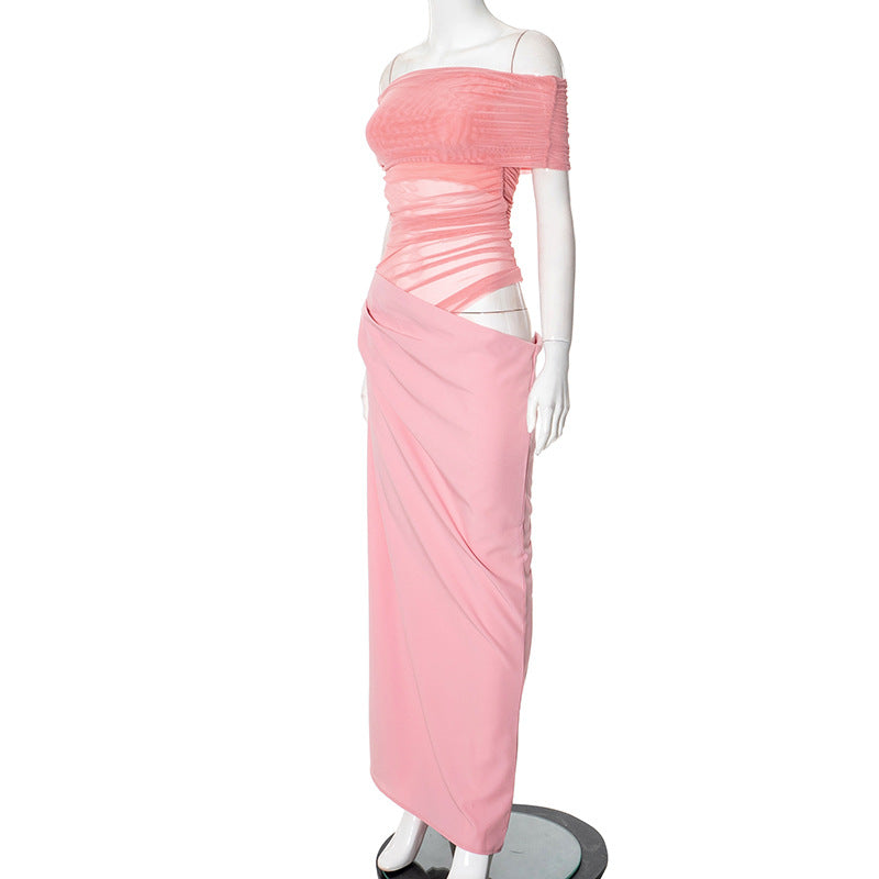 Asymmetrical Ruffles One Shoulder Sheer Mesh Maxi Dress with Sexy Elegant Evening Party and Beach Wedding Guest Dress