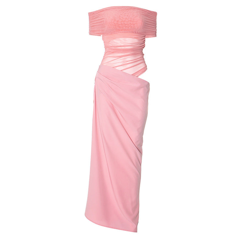 Asymmetrical Ruffles One Shoulder Sheer Mesh Maxi Dress with Sexy Elegant Evening Party and Beach Wedding Guest Dress