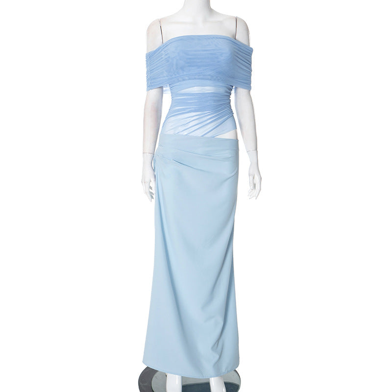 Asymmetrical Ruffles One Shoulder Sheer Mesh Maxi Dress with Sexy Elegant Evening Party and Beach Wedding Guest Dress