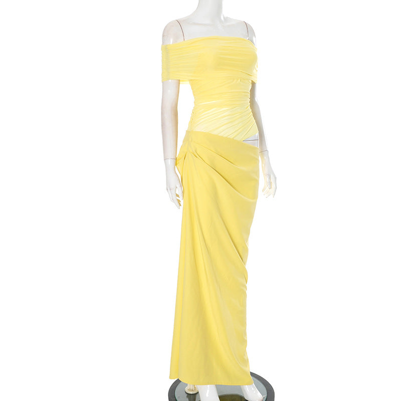 Asymmetrical Ruffles One Shoulder Sheer Mesh Maxi Dress with Sexy Elegant Evening Party and Beach Wedding Guest Dress