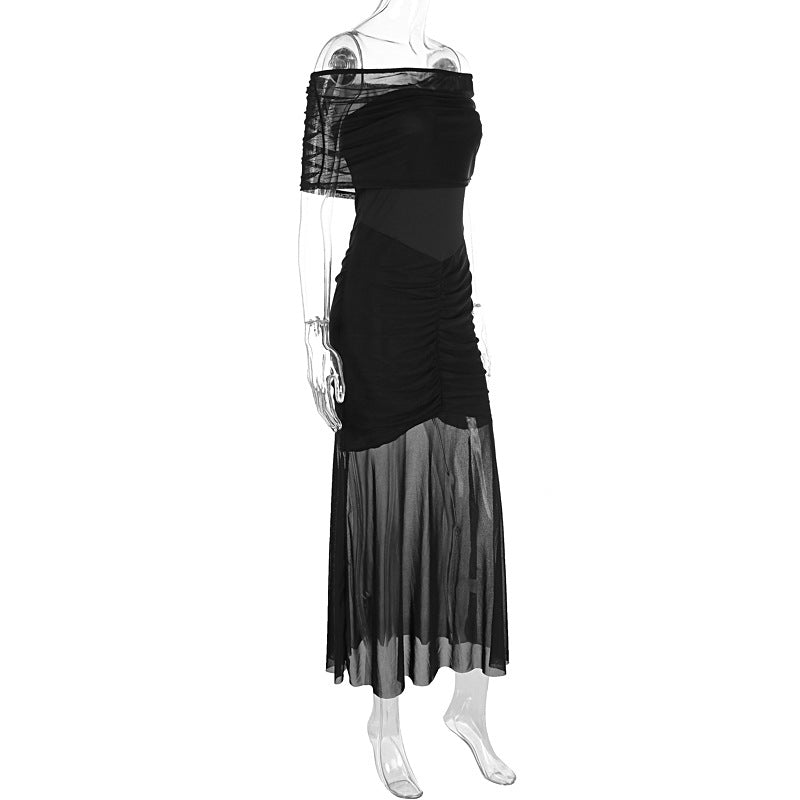 Womens One Shoulder Mermaid Mesh Maxi Dress Ruffled Slim Bodycon Dress Elegant Evening Party Dress for Spring Summer