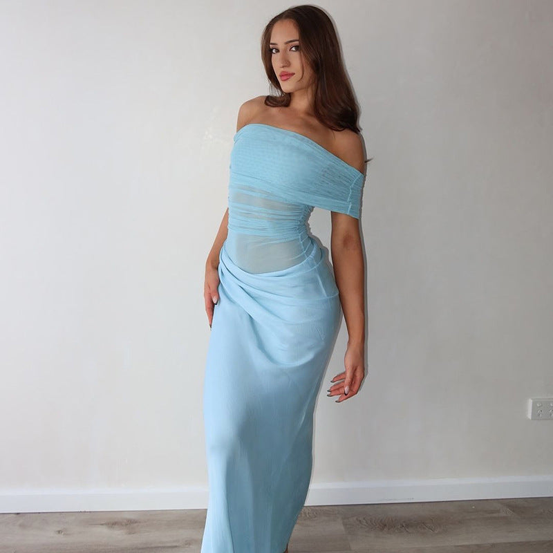 Asymmetrical Ruffles One Shoulder Sheer Mesh Maxi Dress with Sexy Elegant Evening Party and Beach Wedding Guest Dress