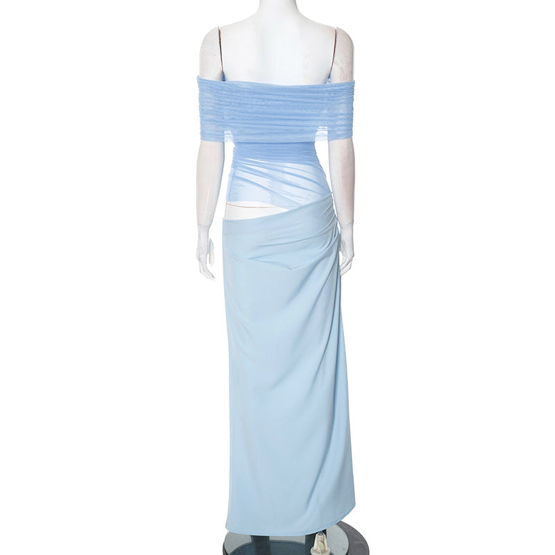Asymmetrical Ruffles One Shoulder Sheer Mesh Maxi Dress with Sexy Elegant Evening Party and Beach Wedding Guest Dress