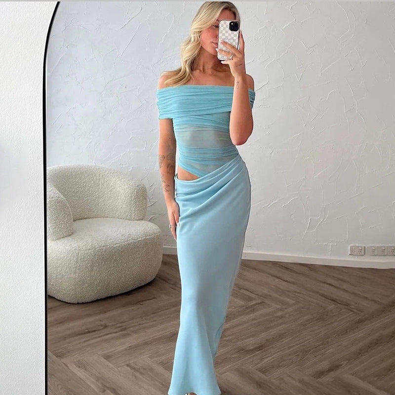 Asymmetrical Ruffles One Shoulder Sheer Mesh Maxi Dress with Sexy Elegant Evening Party and Beach Wedding Guest Dress