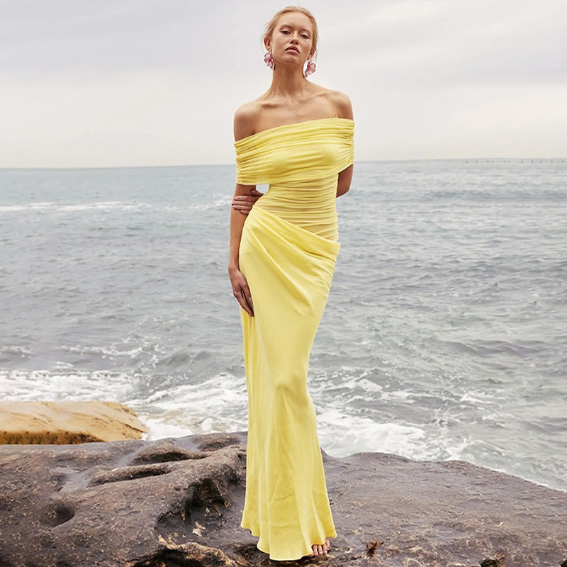 Asymmetrical Ruffles One Shoulder Sheer Mesh Maxi Dress with Sexy Elegant Evening Party and Beach Wedding Guest Dress