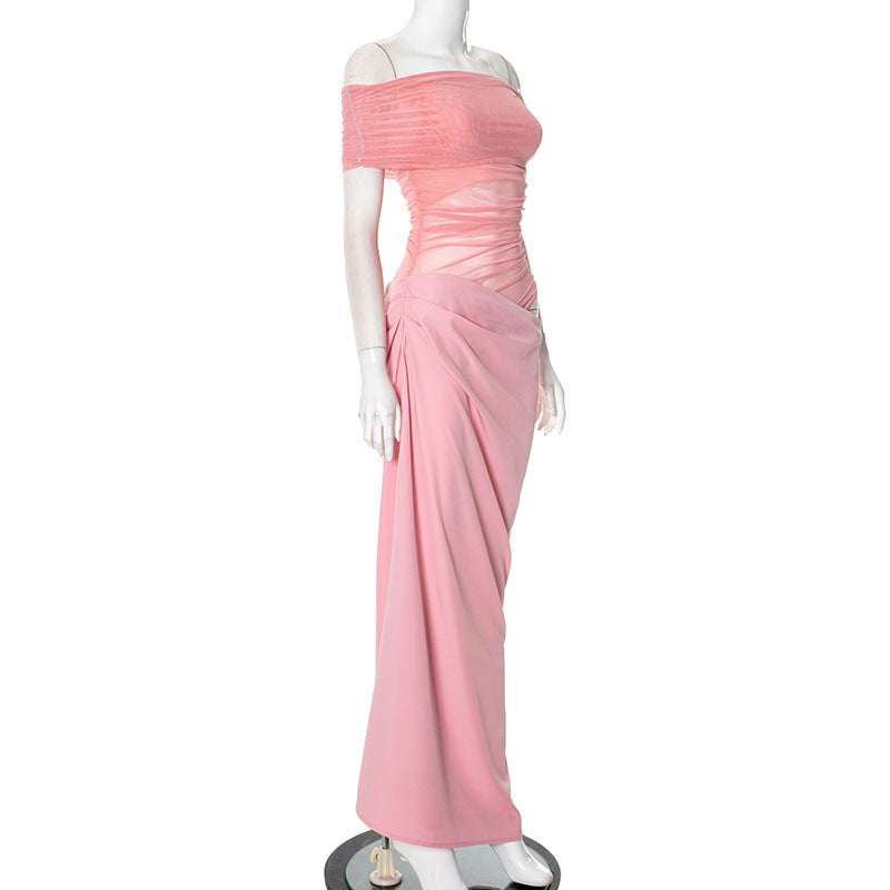 Asymmetrical Ruffles One Shoulder Sheer Mesh Maxi Dress with Sexy Elegant Evening Party and Beach Wedding Guest Dress