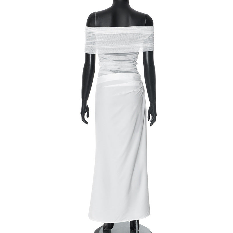 Asymmetrical Ruffles One Shoulder Sheer Mesh Maxi Dress with Sexy Elegant Evening Party and Beach Wedding Guest Dress