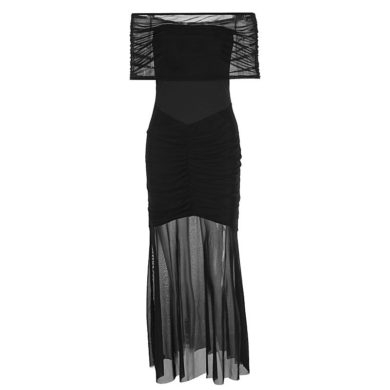 Womens One Shoulder Mermaid Mesh Maxi Dress Ruffled Slim Bodycon Dress Elegant Evening Party Dress for Spring Summer