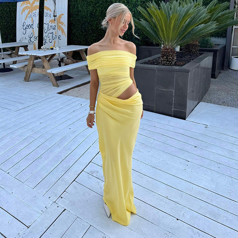 Asymmetrical Ruffles One Shoulder Sheer Mesh Maxi Dress with Sexy Elegant Evening Party and Beach Wedding Guest Dress