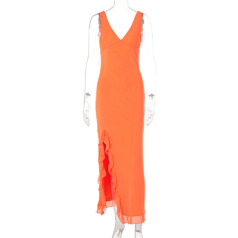 Fashion Women's Sexy Dress V-Neck Backless y2k Maxi Dress Side High Split Ruffle Dress Sleeveless Mesh Dress