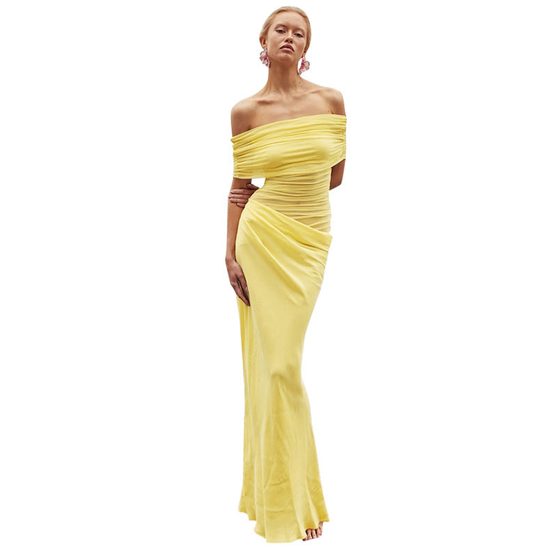 Asymmetrical Ruffles One Shoulder Sheer Mesh Maxi Dress with Sexy Elegant Evening Party and Beach Wedding Guest Dress