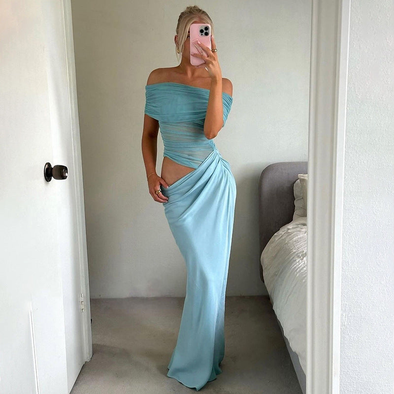 Asymmetrical Ruffles One Shoulder Sheer Mesh Maxi Dress with Sexy Elegant Evening Party and Beach Wedding Guest Dress