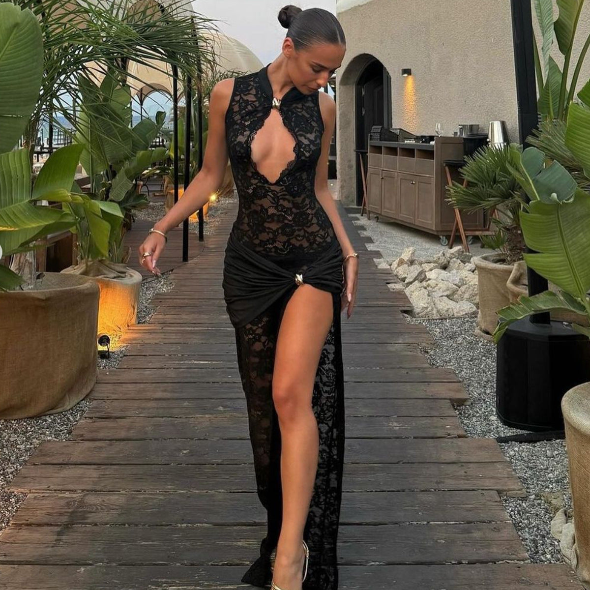 Women Sexy Sleeveless Mesh Sheer Floral Lace Dress Hollow Out See Through High Split Bodycon Party Midnight Dresses