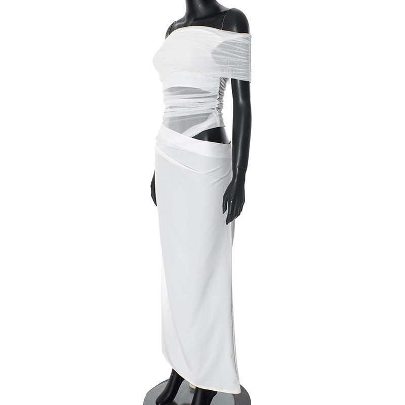 Asymmetrical Ruffles One Shoulder Sheer Mesh Maxi Dress with Sexy Elegant Evening Party and Beach Wedding Guest Dress
