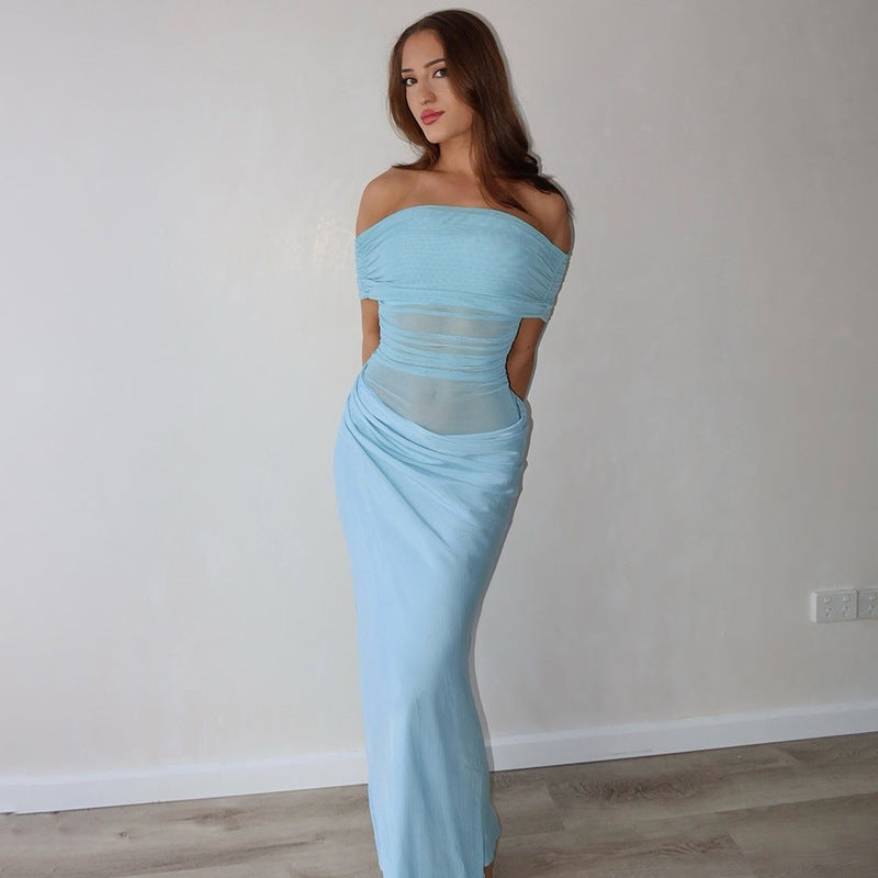 Asymmetrical Ruffles One Shoulder Sheer Mesh Maxi Dress with Sexy Elegant Evening Party and Beach Wedding Guest Dress
