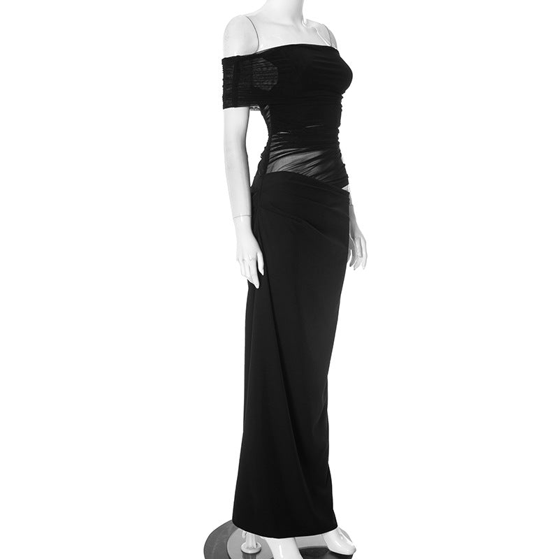 Asymmetrical Ruffles One Shoulder Sheer Mesh Maxi Dress with Sexy Elegant Evening Party and Beach Wedding Guest Dress