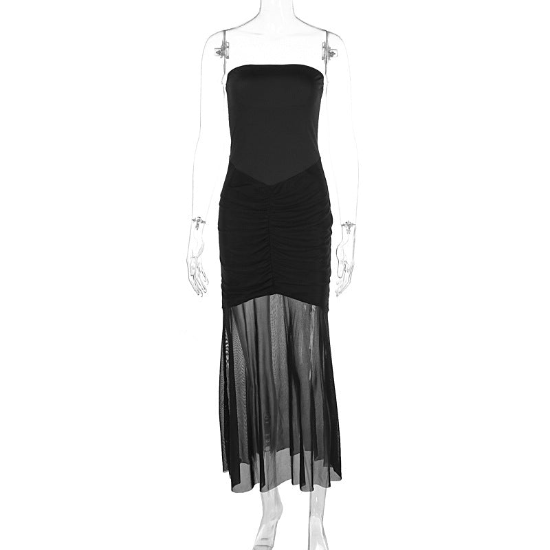 Womens One Shoulder Mermaid Mesh Maxi Dress Ruffled Slim Bodycon Dress Elegant Evening Party Dress for Spring Summer